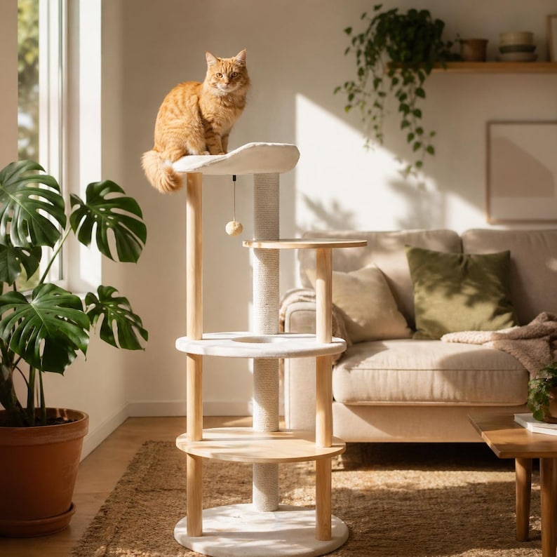 Arbre à chat au sol moderne en bois avec condo, perchoir et griffoir