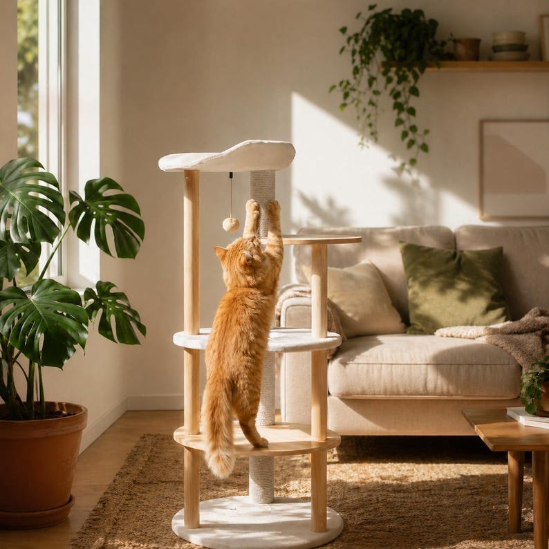 Arbre à chat au sol moderne en bois avec condo, perchoir et griffoir