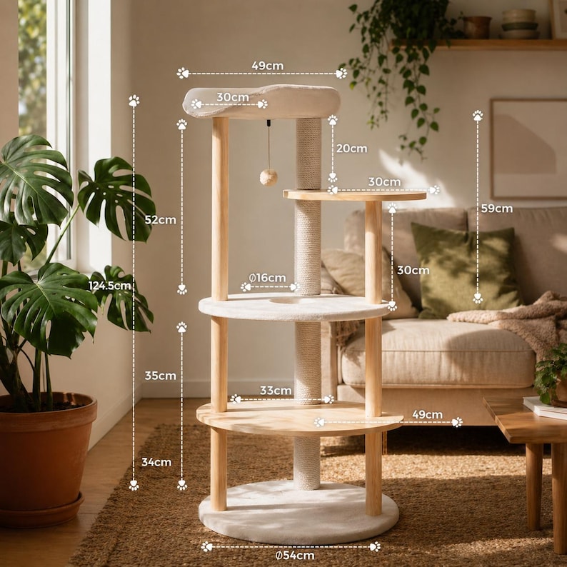 Arbre à chat au sol moderne en bois avec condo, perchoir et griffoir