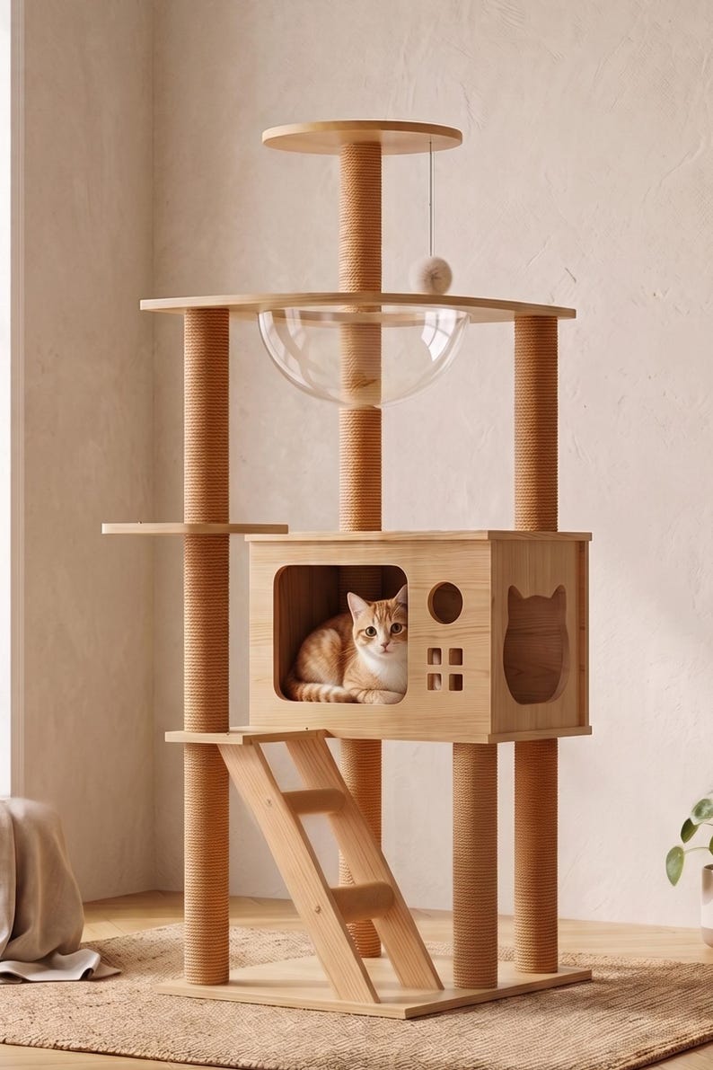 Arbre à chat au sol multi-niveaux avec dôme transparent et échelle