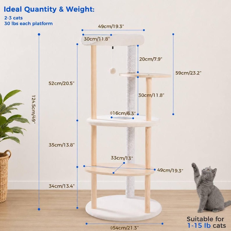 Tour d'arbre à chat en bois moderne avec griffoir Arbre d'escalade pour chat beige Arbre à chat en bois avec perchoir Meubles minimalistes pour chat d'intérieur pour chat