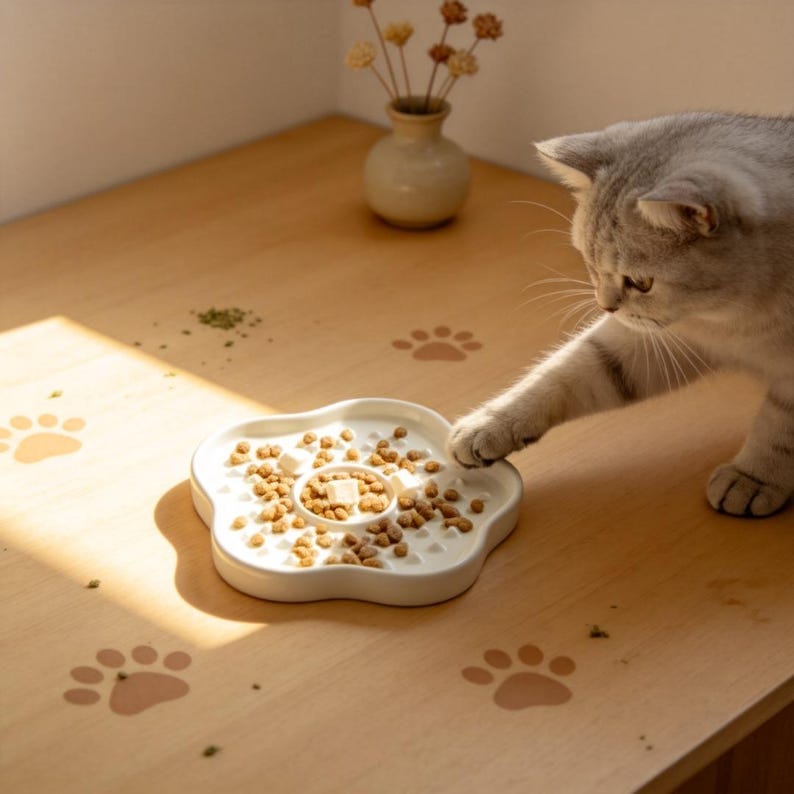 Gamelle anti-glouton en céramique avec plaque à lécher pour chat