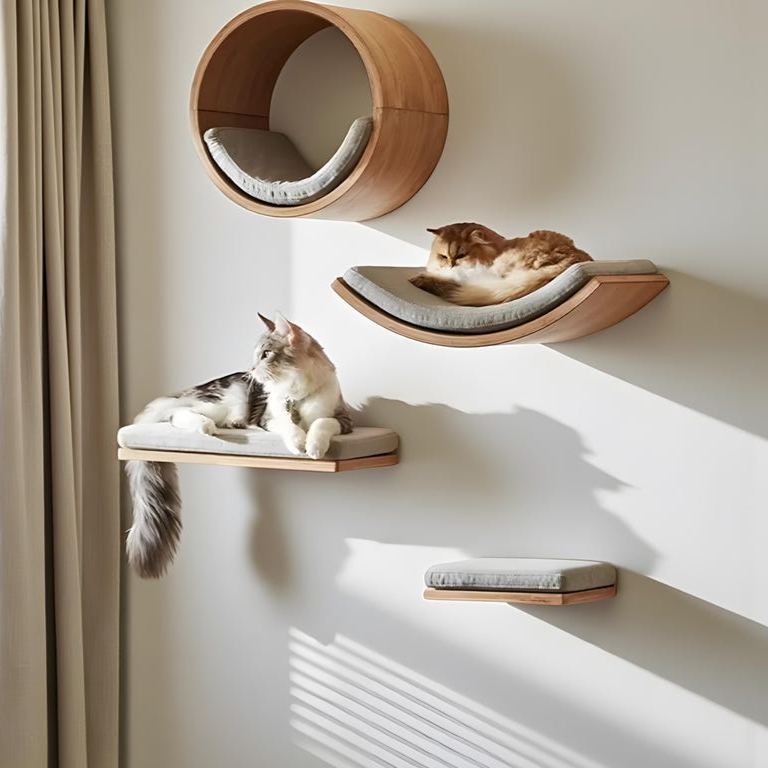 Lit mural pour chat moderne avec étagères flottantes en bois