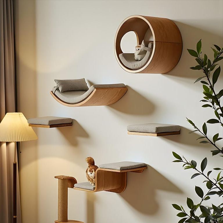 Lit mural pour chat moderne avec étagères flottantes en bois