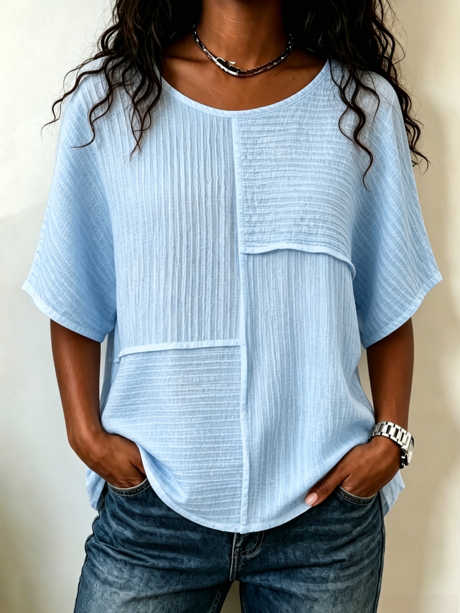 🔥CLEARANCE SALE🔥Women's Textured Patchwork Top with Round Neck and Short Sleeves