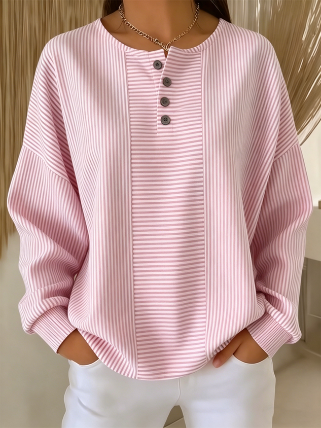 Classic Striped Sweatshirt Comfort Fit Loose Long Sleeve Pullover Casual Elegant Crewneck Top