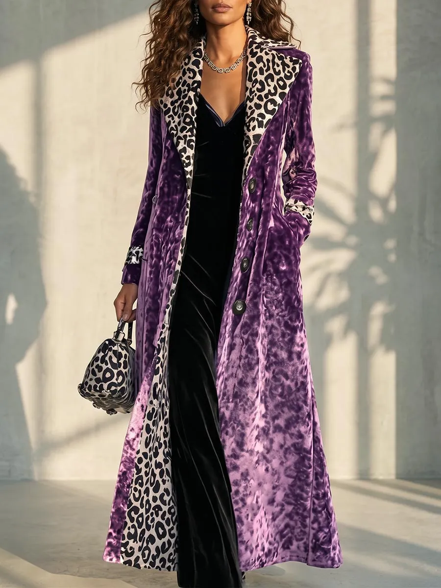 Vintage-style Leopard Print Lining Velvet Coat