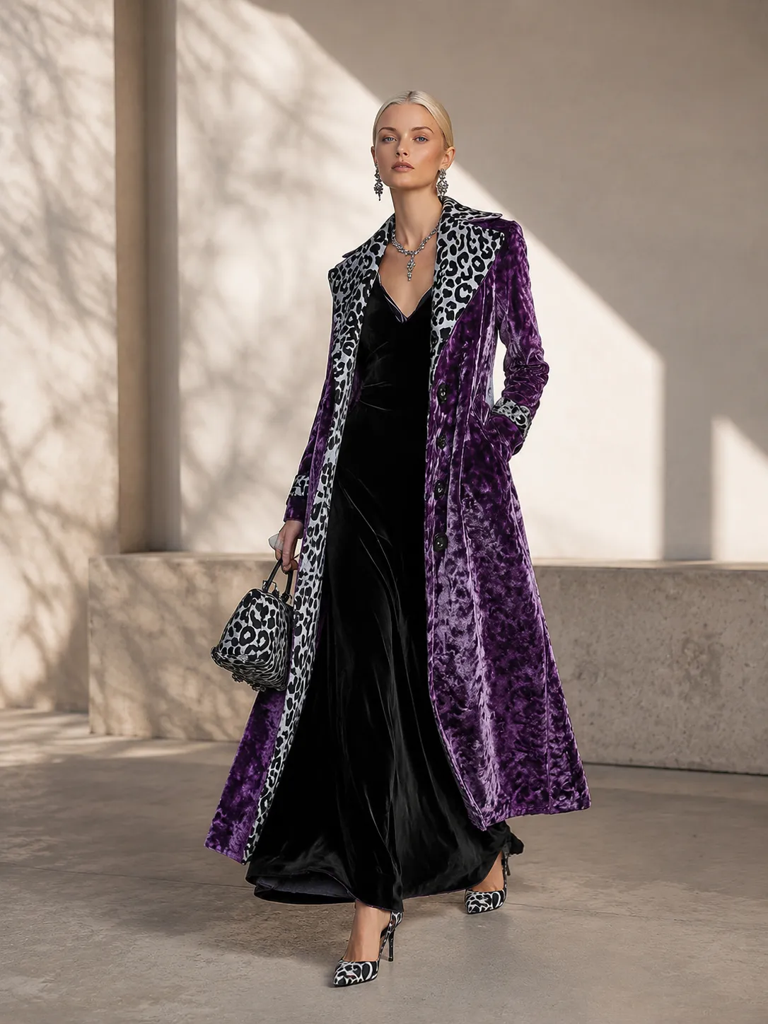 Vintage-style Leopard Print Lining Velvet Coat