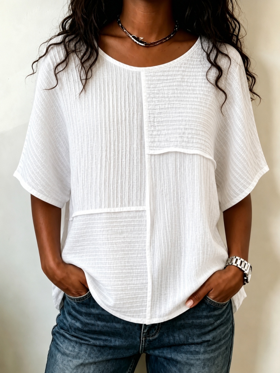 🔥CLEARANCE SALE🔥Women's Textured Patchwork Top with Round Neck and Short Sleeves