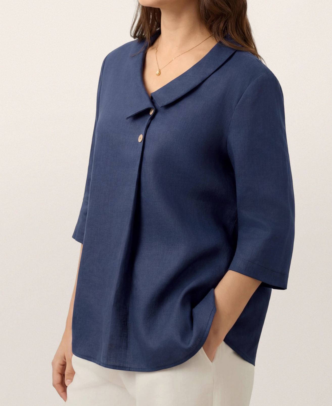 Women's 100% Linen Long-Sleeve Top with Asymmetric Neckline and Inverted Pleat
