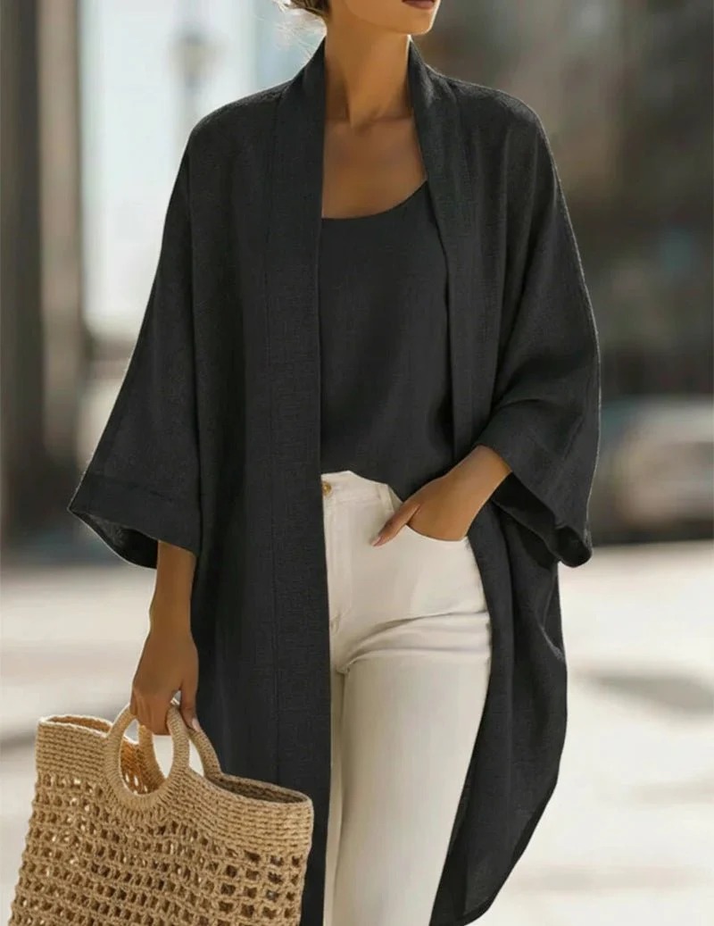 Casual Loose Linen Blend Kimono Jacket Camisole Set Comfort Fit Elegant Two Piece Matching Loungewear Set