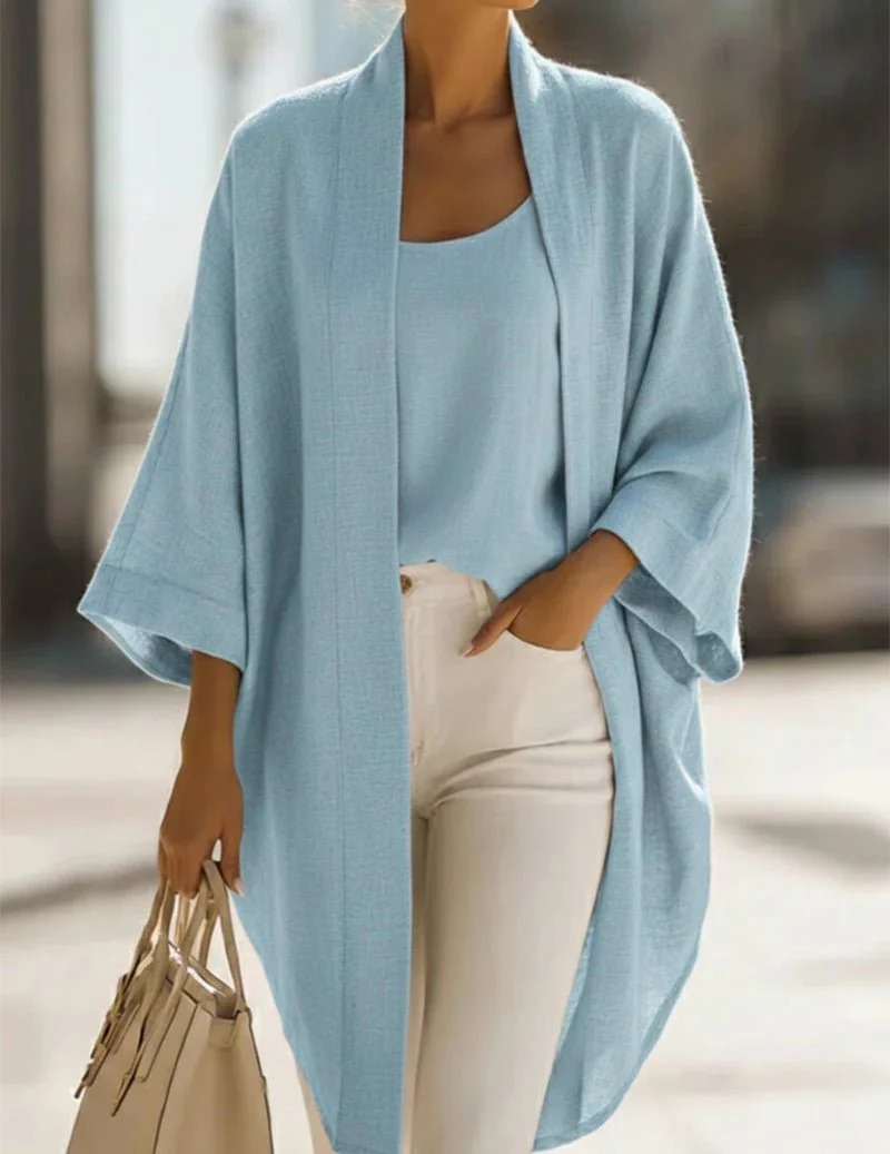 Casual Loose Linen Blend Kimono Jacket Camisole Set Comfort Fit Elegant Two Piece Matching Loungewear Set