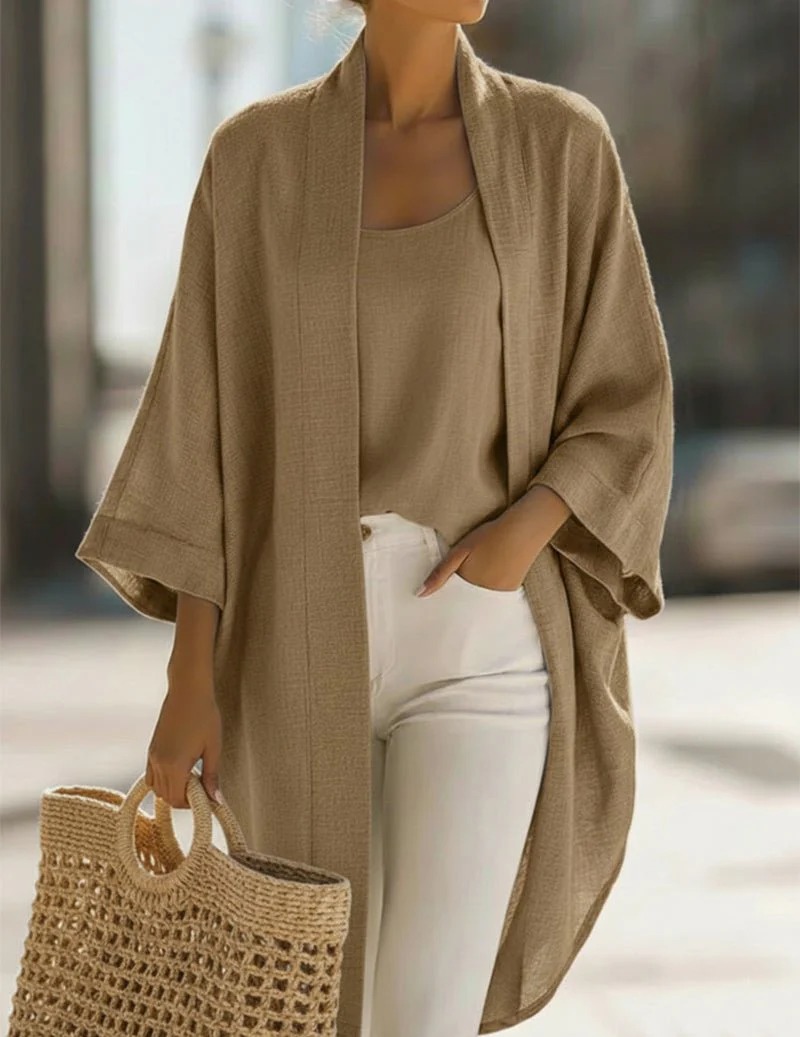 Casual Loose Linen Blend Kimono Jacket Camisole Set Comfort Fit Elegant Two Piece Matching Loungewear Set