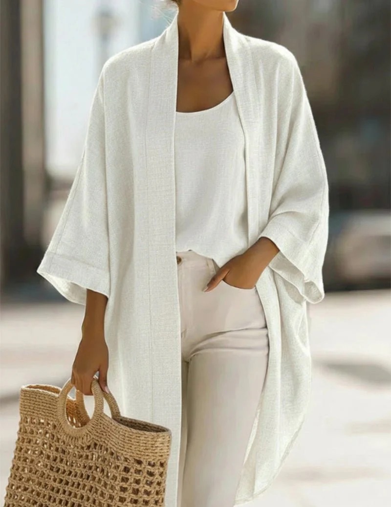 Casual Loose Linen Blend Kimono Jacket Camisole Set Comfort Fit Elegant Two Piece Matching Loungewear Set