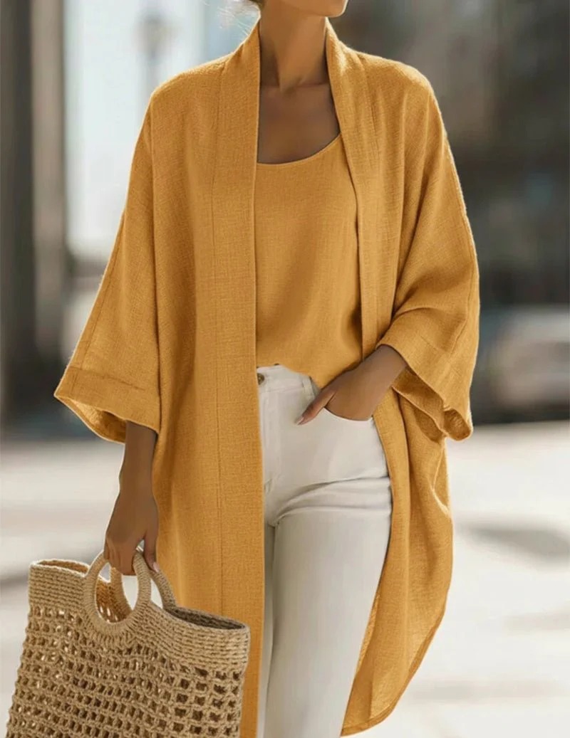 Casual Loose Linen Blend Kimono Jacket Camisole Set Comfort Fit Elegant Two Piece Matching Loungewear Set