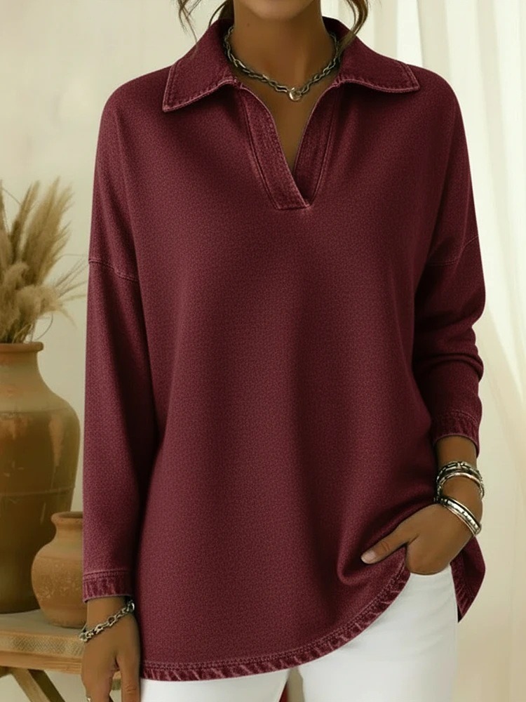 Women's Solid-Color Loose-Fit Long-Sleeve V-Neck Denim Shirt