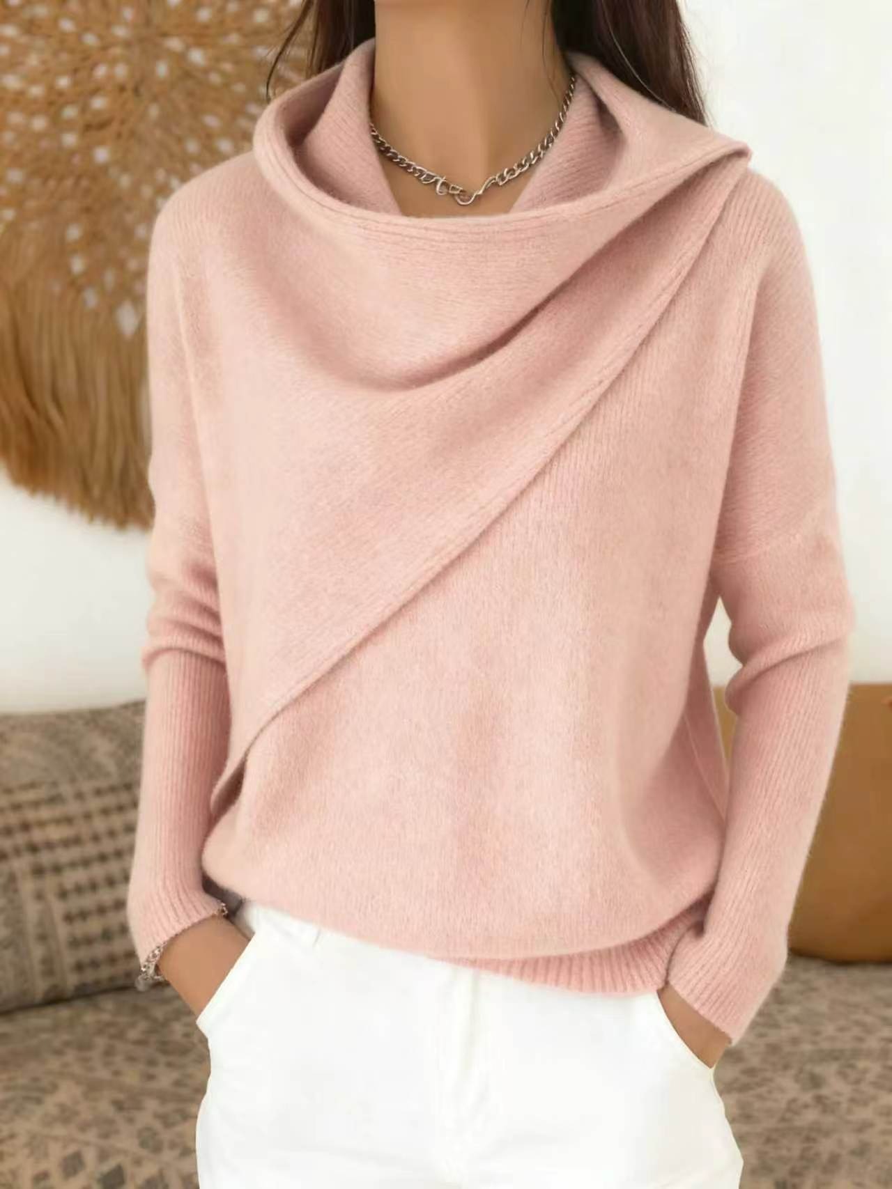 Women Cross Wrap Draped Cowl Neck Knit Pullover, Loose Long Sleeve Sweater