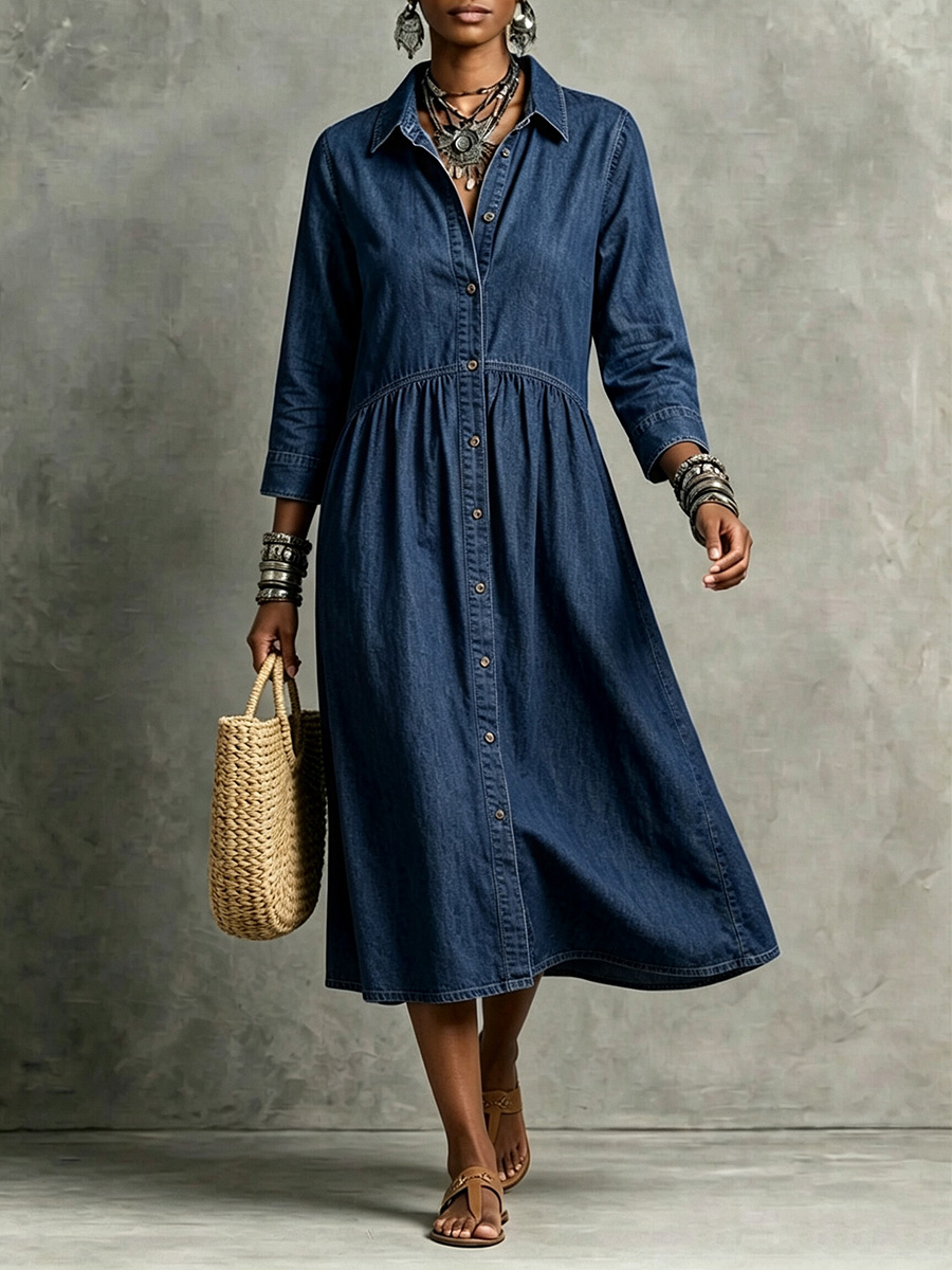 【Buy 2 Free Shipping】CLEARANCE🔥 Vintage-Inspired Button Front Denim Midi Dress