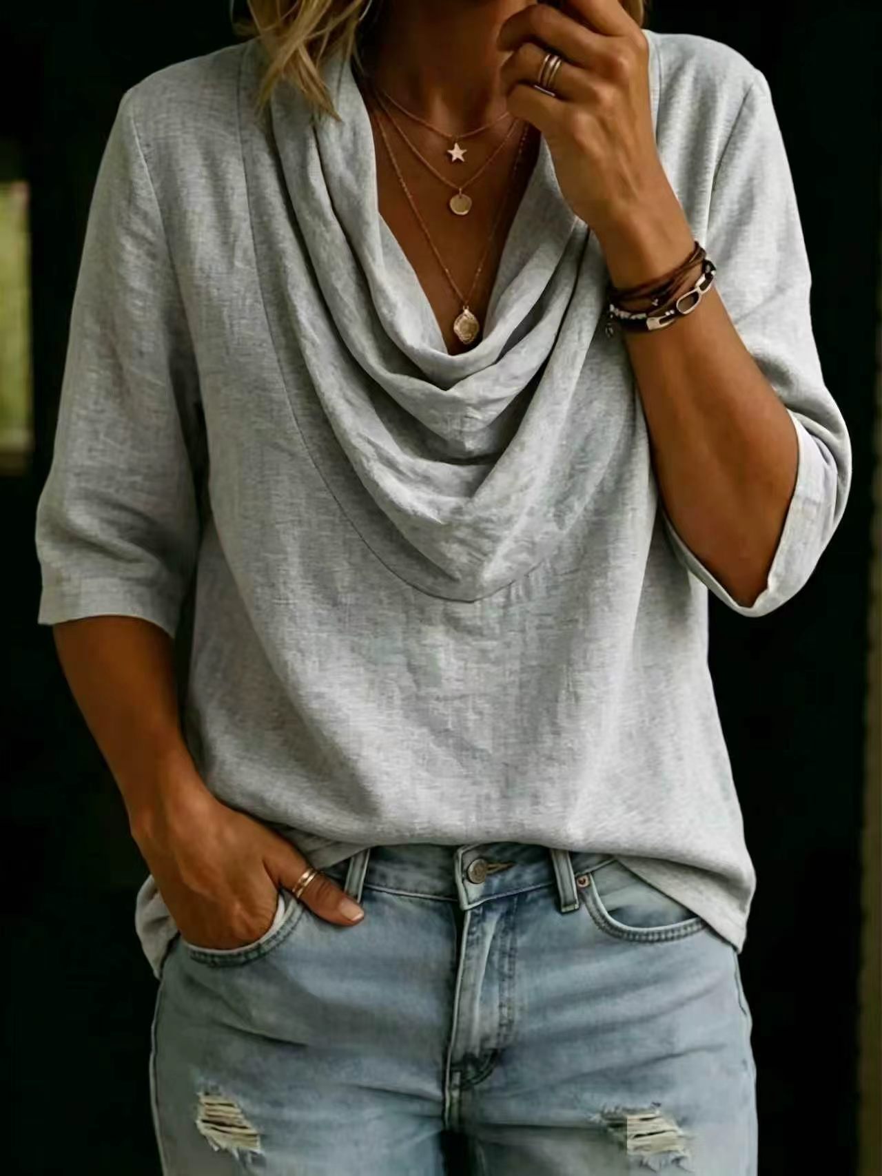 Cowl Neck Shirts for Women 3/4 Sleeve Comfy Casual Cotton Linen Tee Tops Summer Beach Boho Vacation Blouses