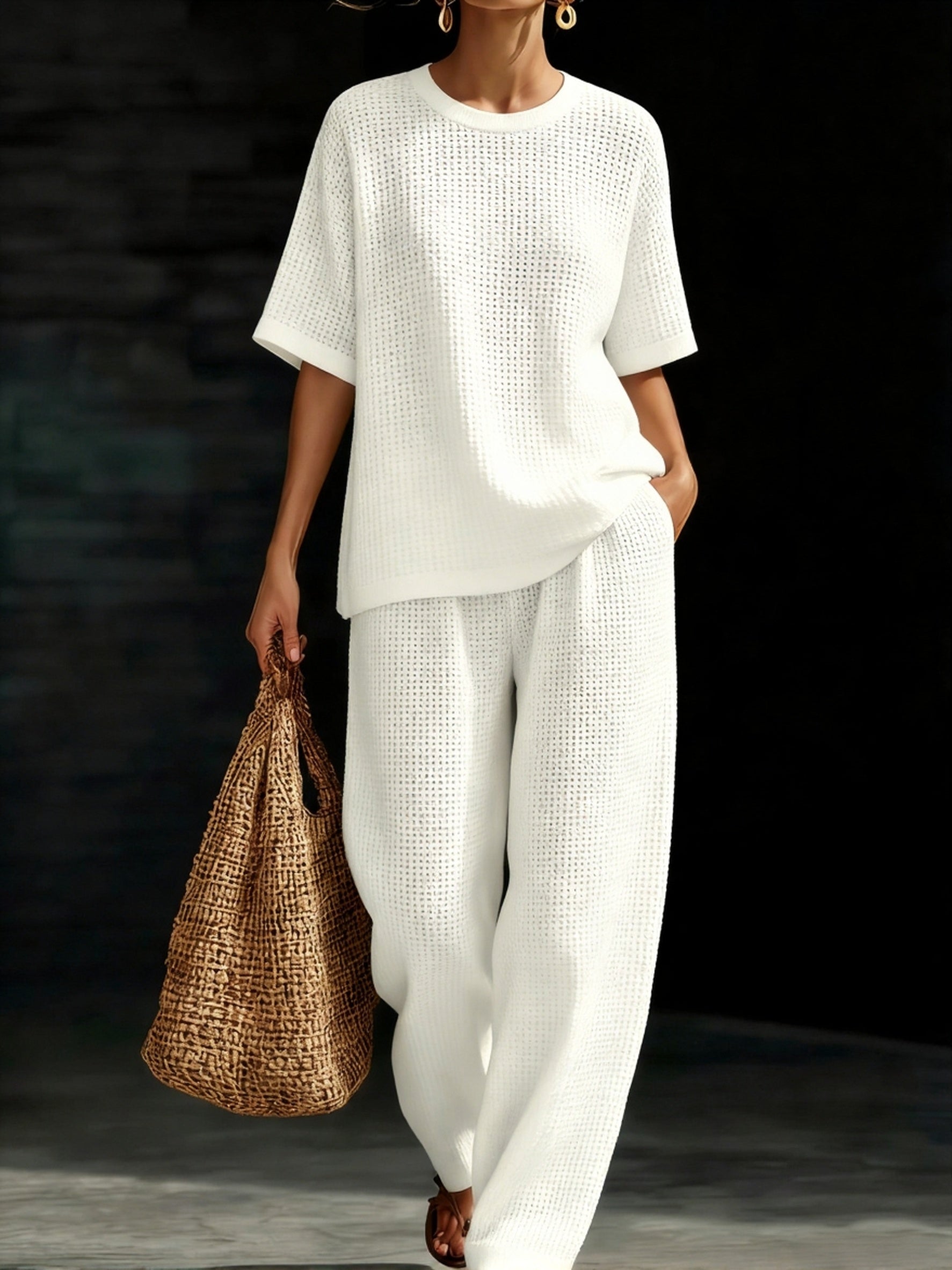 Women鈥檚 Crewneck Waffle Two-Piece Set