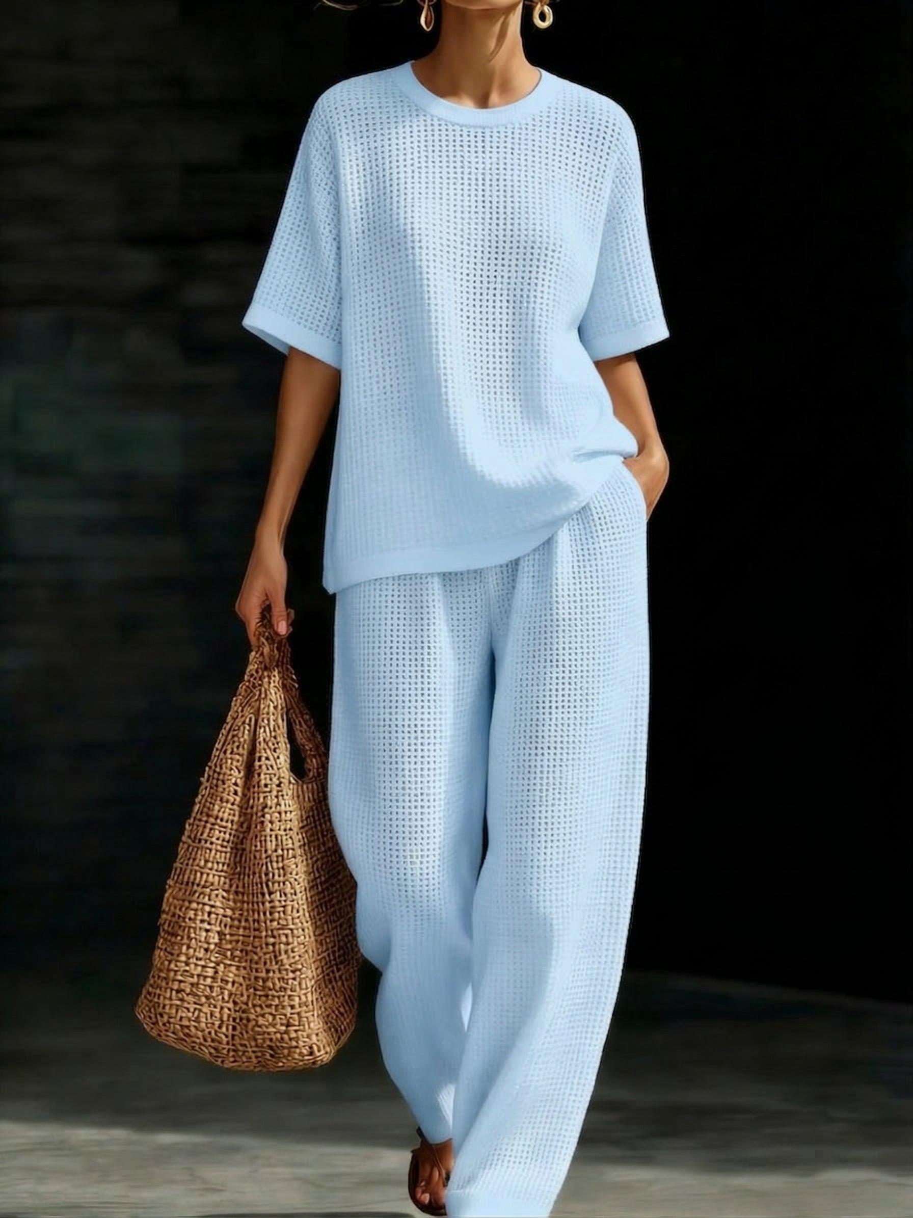 Women鈥檚 Crewneck Waffle Two-Piece Set