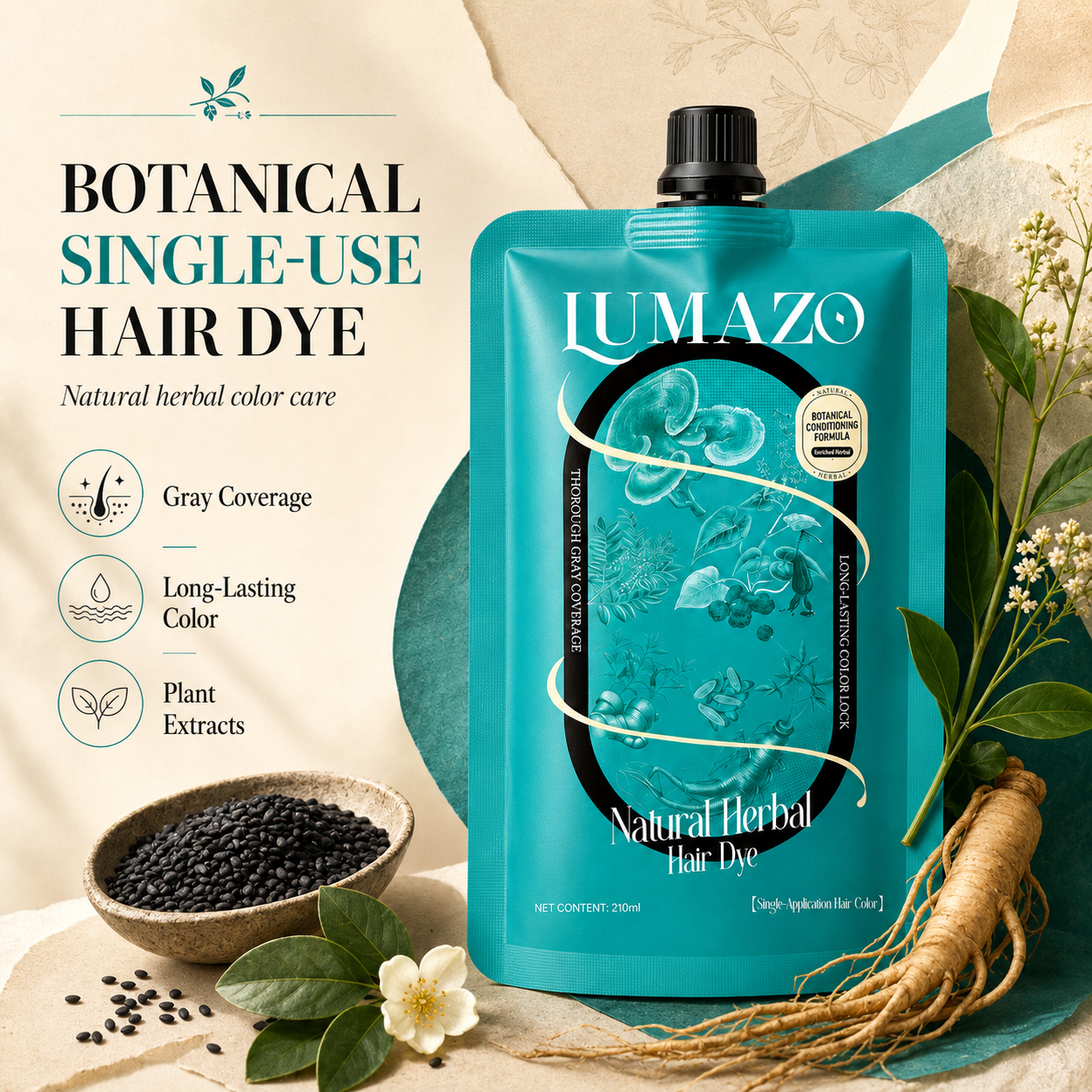 210ml LUMAZO Natural Herbal Hair Color - Ammonia-Free, Long-Lasting Dye with Plant Extracts for Gray Coverage & Healthy Hair