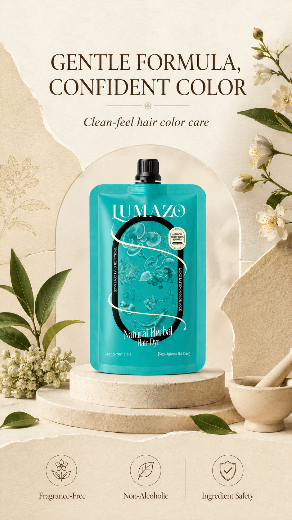 210ml LUMAZO Natural Herbal Hair Color - Ammonia-Free, Long-Lasting Dye with Plant Extracts for Gray Coverage & Healthy Hair