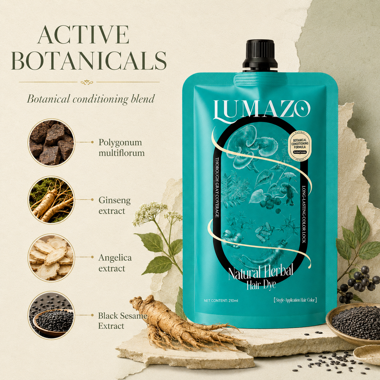 210ml LUMAZO Natural Herbal Hair Color - Ammonia-Free, Long-Lasting Dye with Plant Extracts for Gray Coverage & Healthy Hair