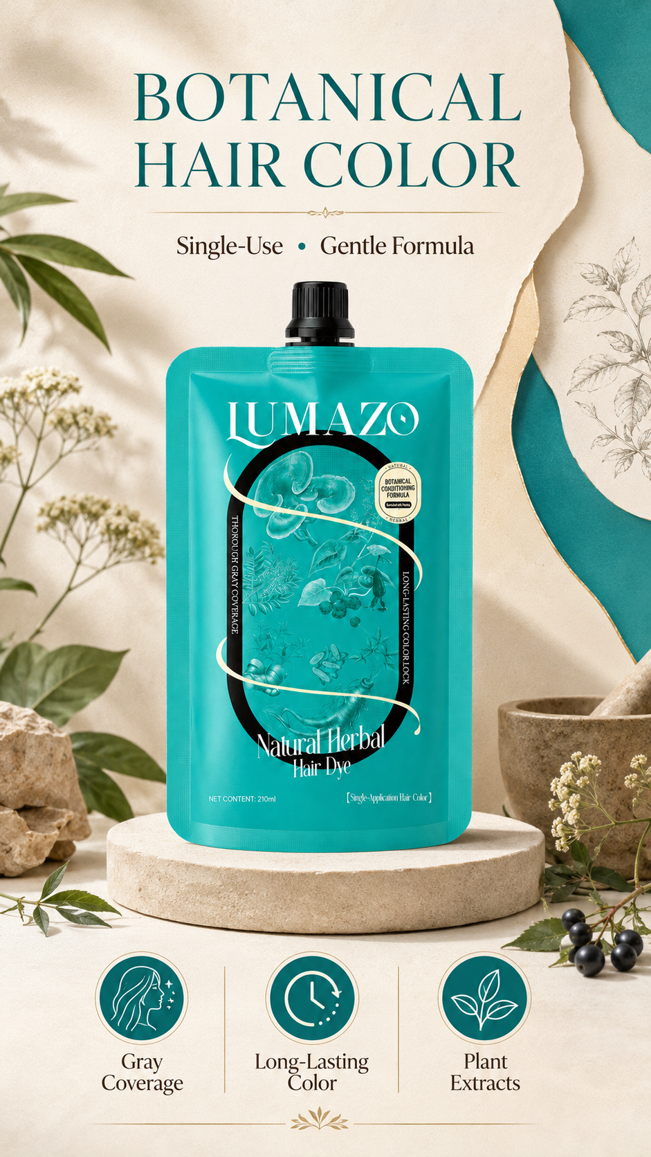 210ml LUMAZO Natural Herbal Hair Color - Ammonia-Free, Long-Lasting Dye with Plant Extracts for Gray Coverage & Healthy Hair