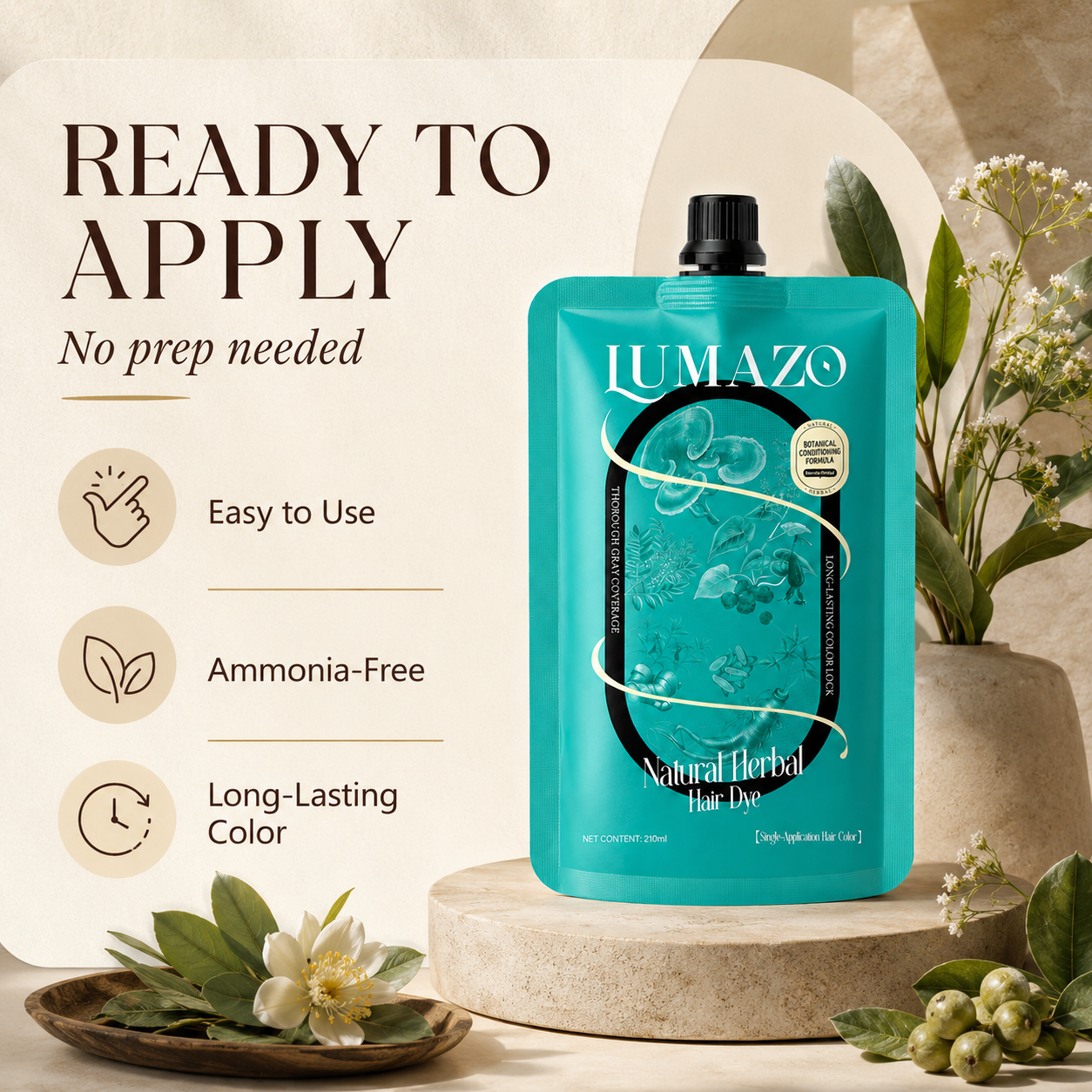 210ml LUMAZO Natural Herbal Hair Color - Ammonia-Free, Long-Lasting Dye with Plant Extracts for Gray Coverage & Healthy Hair
