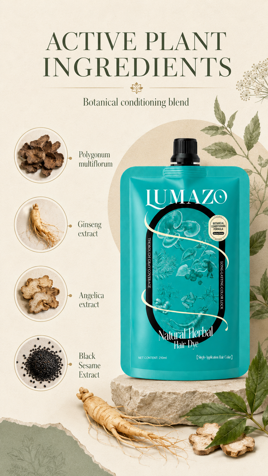 210ml LUMAZO Natural Herbal Hair Color - Ammonia-Free, Long-Lasting Dye with Plant Extracts for Gray Coverage & Healthy Hair