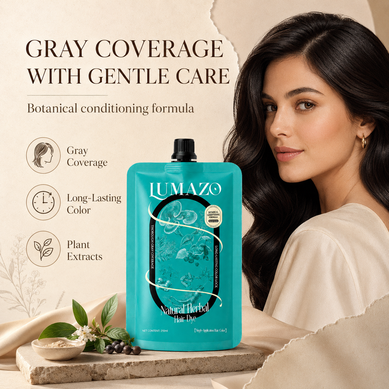 210ml LUMAZO Natural Herbal Hair Color - Ammonia-Free, Long-Lasting Dye with Plant Extracts for Gray Coverage & Healthy Hair