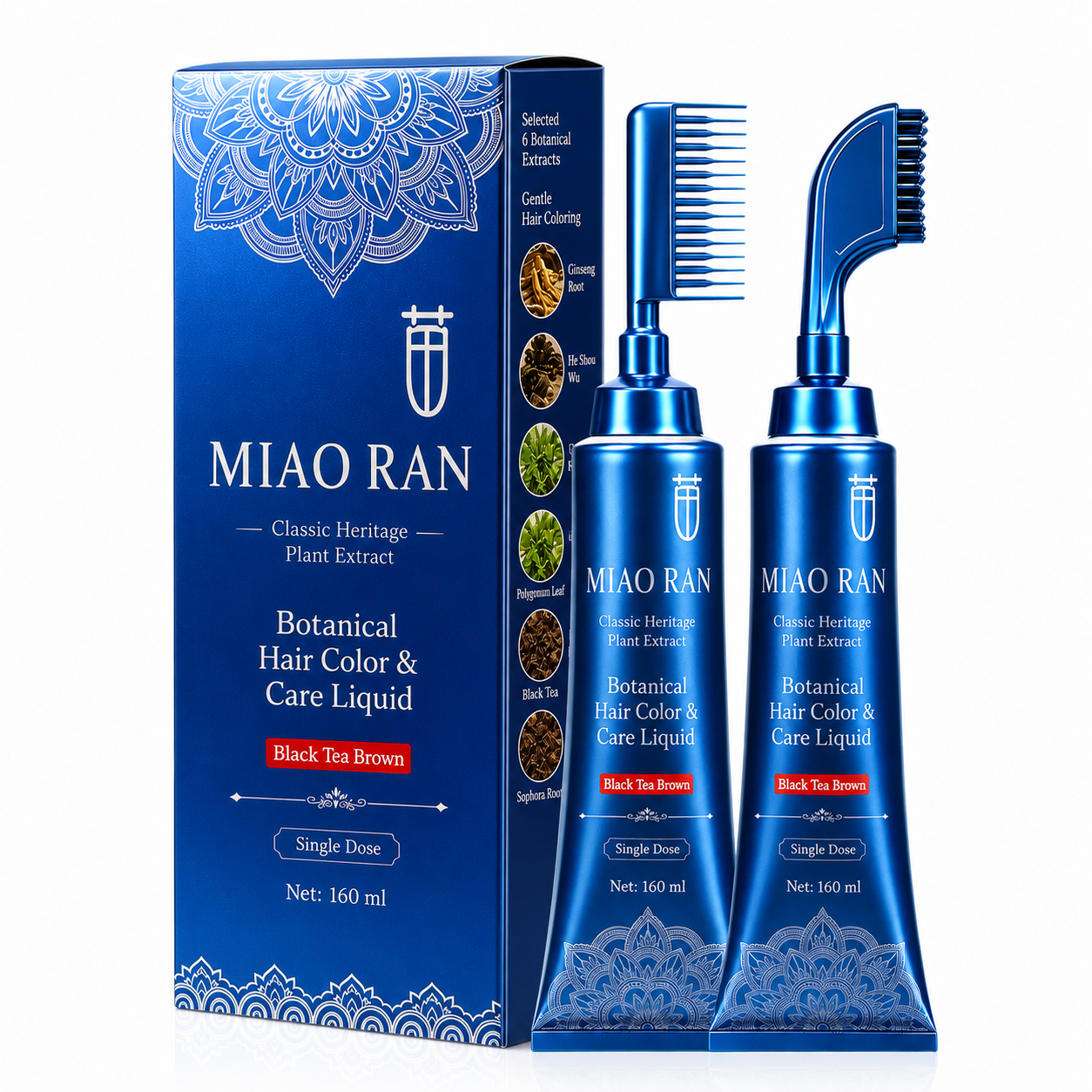 Miao Ran Upgraded 2nd Gen Single Dose Botanical Hair Dye Comb 160ml, Black Tea Brown No-Mix At-Home Gray Coverage Hair Color Liquid with Built-In Applicator