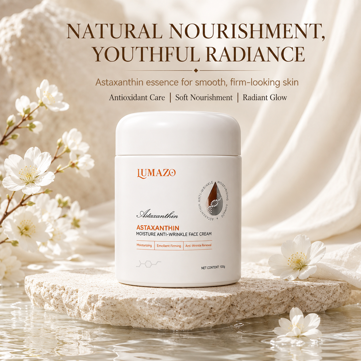 LUMAZO Astaxanthin Anti-Wrinkle Face Cream 50g - Moisturizing, Firming & Brightening Anti-Aging Cream with Hexapeptide-8 & Pentapeptide-4 for Fine Lines Reduction