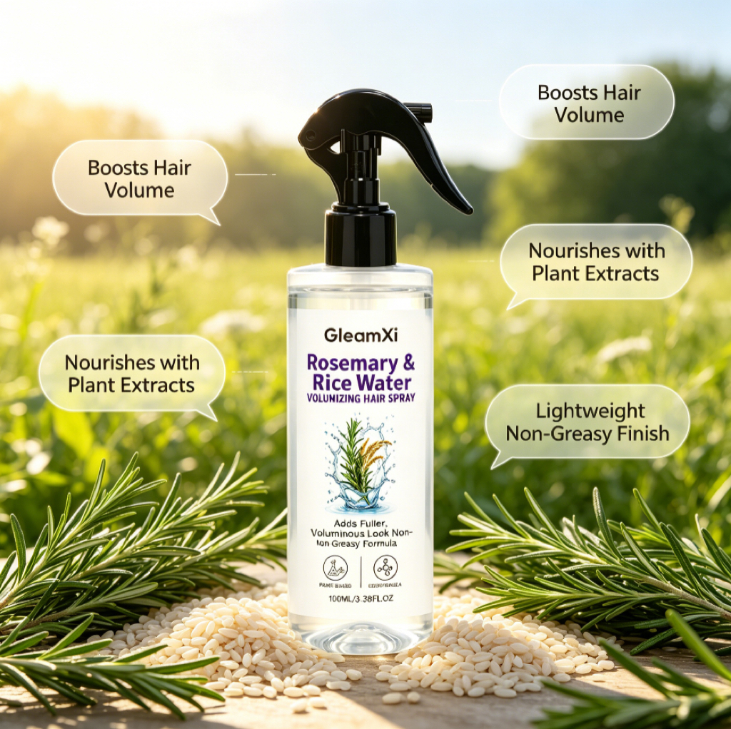 Rice Water Thickening Hair Spray by GleamXi, Gentle Hydrating Leave-In Mist for Thin, Oily Hair, Adds Long-Lasting Fluffy Volume