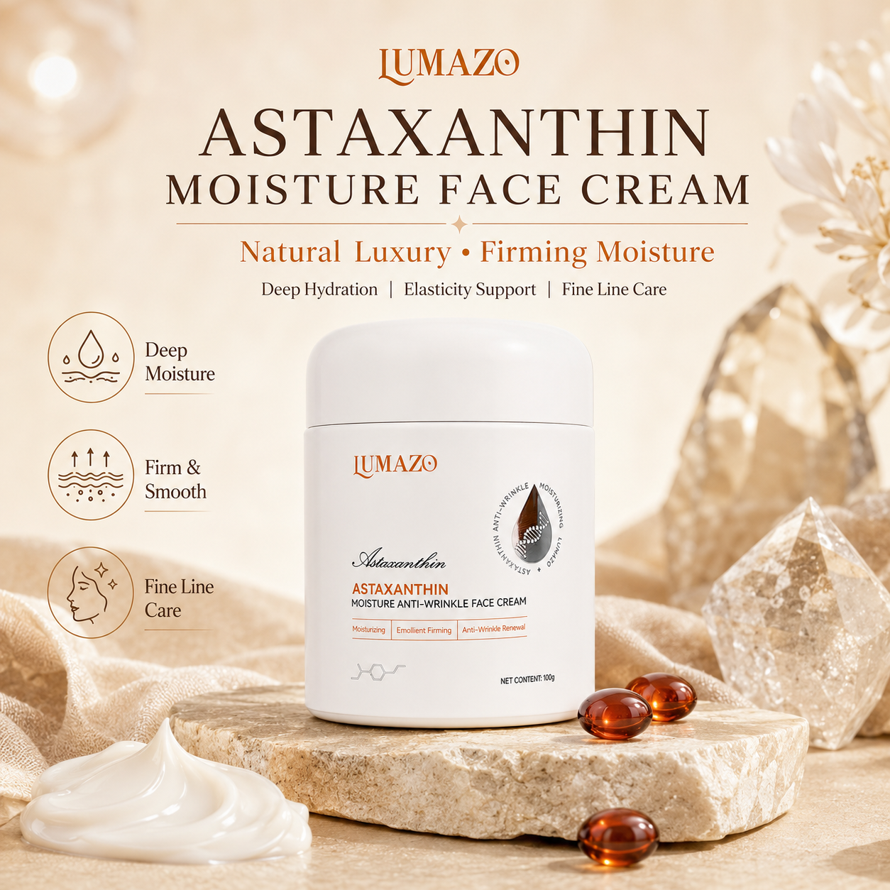 LUMAZO Astaxanthin Anti-Wrinkle Face Cream 50g - Moisturizing, Firming & Brightening Anti-Aging Cream with Hexapeptide-8 & Pentapeptide-4 for Fine Lines Reduction