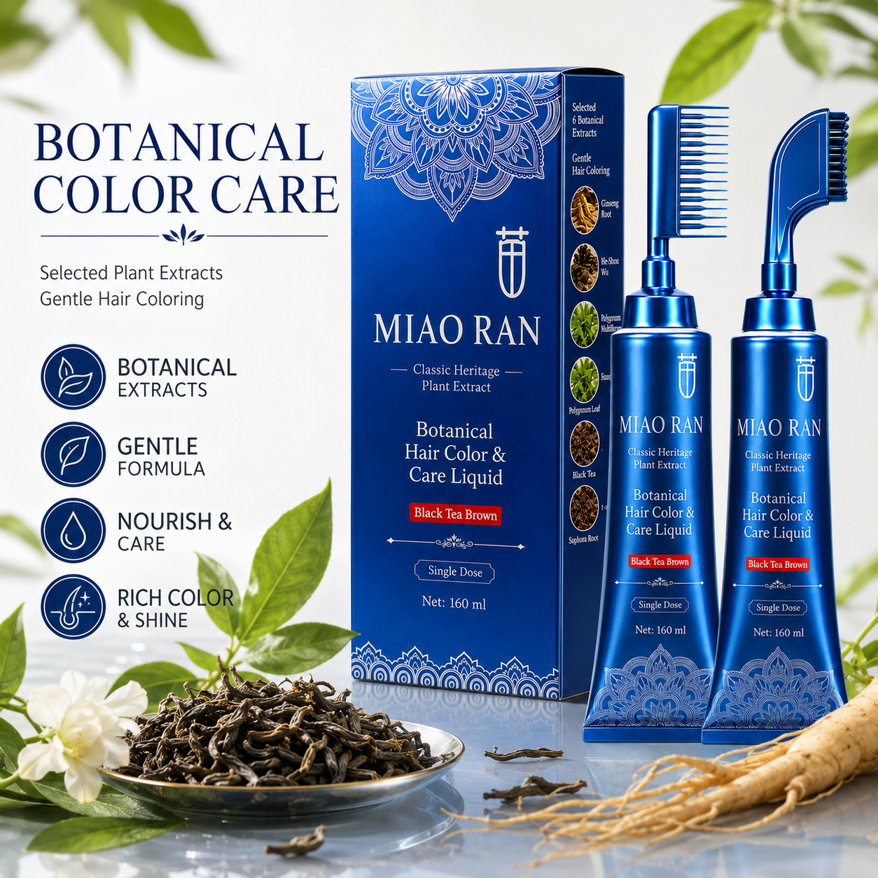 Miao Ran Upgraded 2nd Gen Single Dose Botanical Hair Dye Comb 160ml, Black Tea Brown No-Mix At-Home Gray Coverage Hair Color Liquid with Built-In Applicator