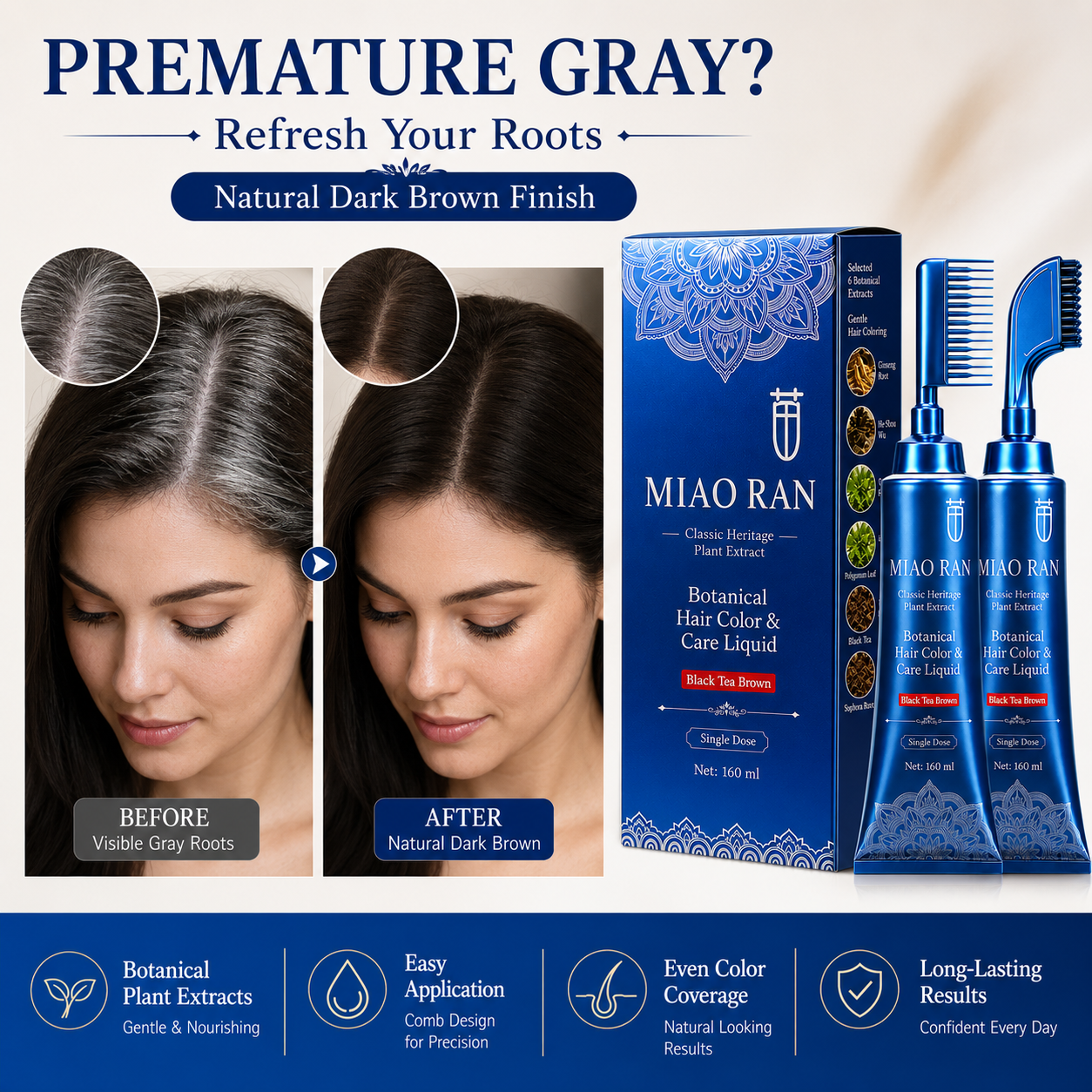 Miao Ran Upgraded 2nd Gen Single Dose Botanical Hair Dye Comb 160ml, Black Tea Brown No-Mix At-Home Gray Coverage Hair Color Liquid with Built-In Applicator