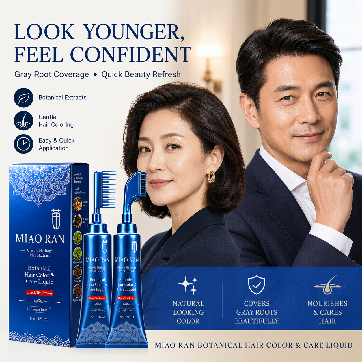 Miao Ran Upgraded 2nd Gen Single Dose Botanical Hair Dye Comb 160ml, Black Tea Brown No-Mix At-Home Gray Coverage Hair Color Liquid with Built-In Applicator