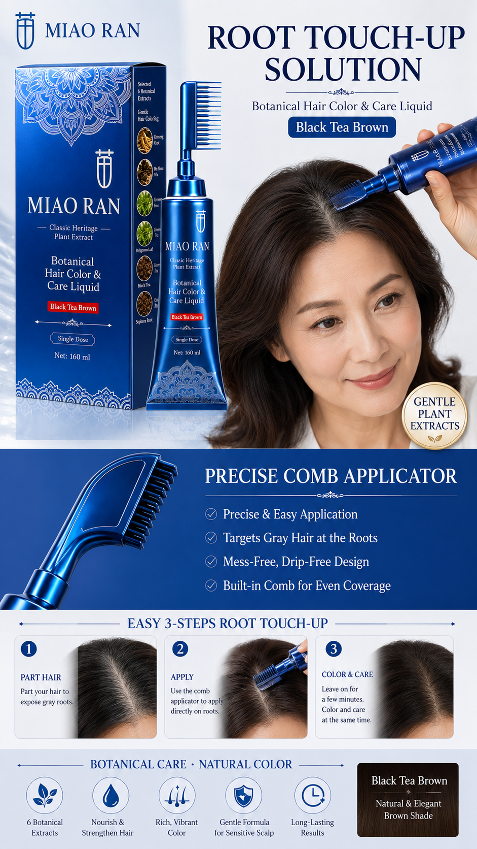 Miao Ran Upgraded 2nd Gen Single Dose Botanical Hair Dye Comb 160ml, Black Tea Brown No-Mix At-Home Gray Coverage Hair Color Liquid with Built-In Applicator