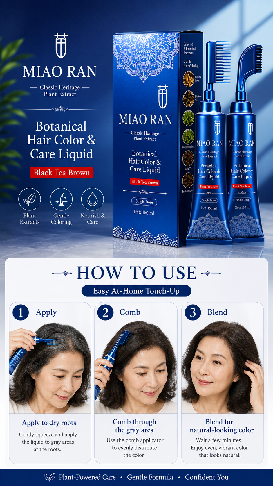 Miao Ran Upgraded 2nd Gen Single Dose Botanical Hair Dye Comb 160ml, Black Tea Brown No-Mix At-Home Gray Coverage Hair Color Liquid with Built-In Applicator