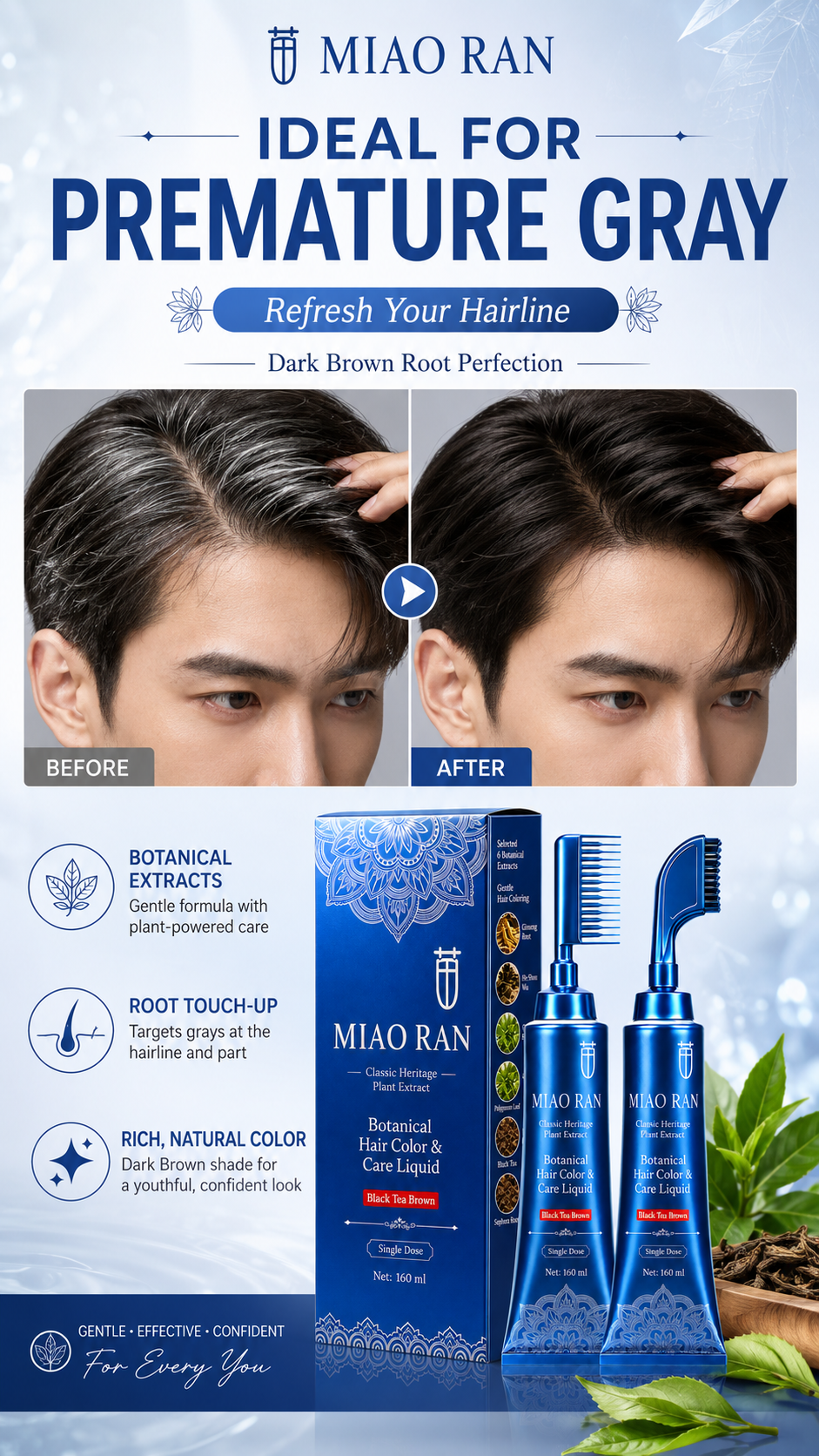 Miao Ran Upgraded 2nd Gen Single Dose Botanical Hair Dye Comb 160ml, Black Tea Brown No-Mix At-Home Gray Coverage Hair Color Liquid with Built-In Applicator