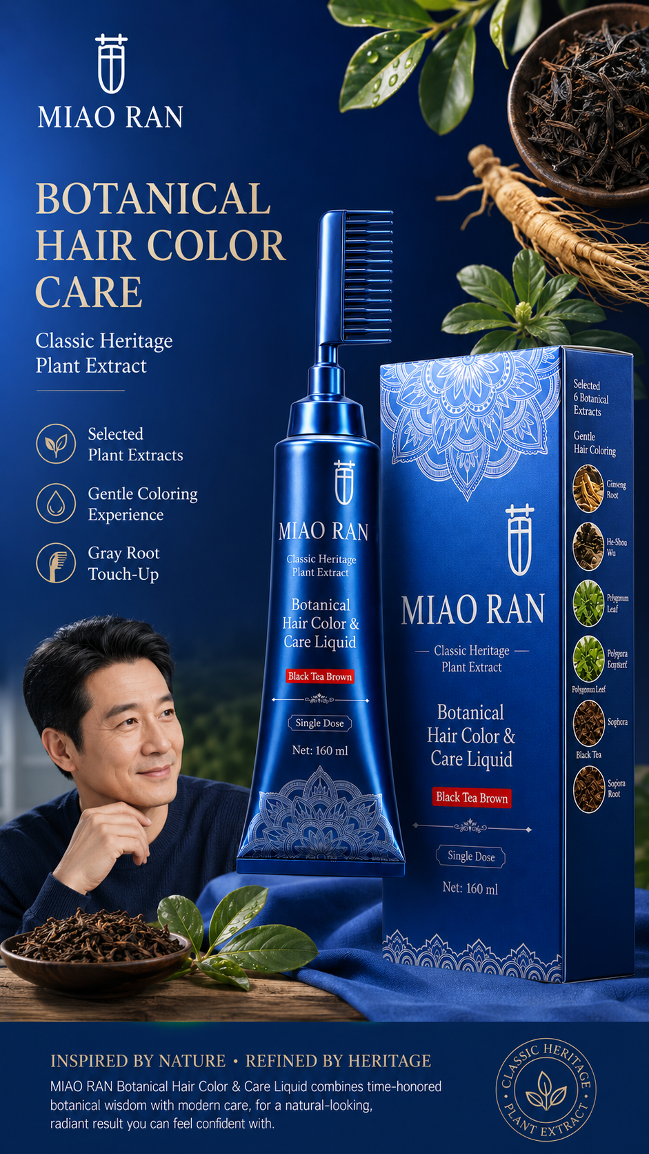 Miao Ran Upgraded 2nd Gen Single Dose Botanical Hair Dye Comb 160ml, Black Tea Brown No-Mix At-Home Gray Coverage Hair Color Liquid with Built-In Applicator