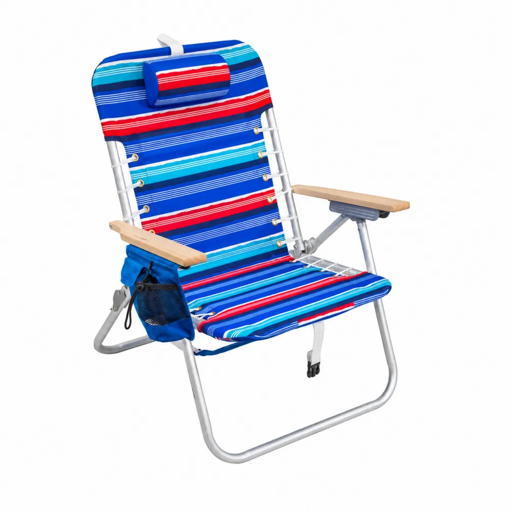 Silla de Playa Plegable de Aluminio con Tela de Poliéster Rayada en Azul y Rojo