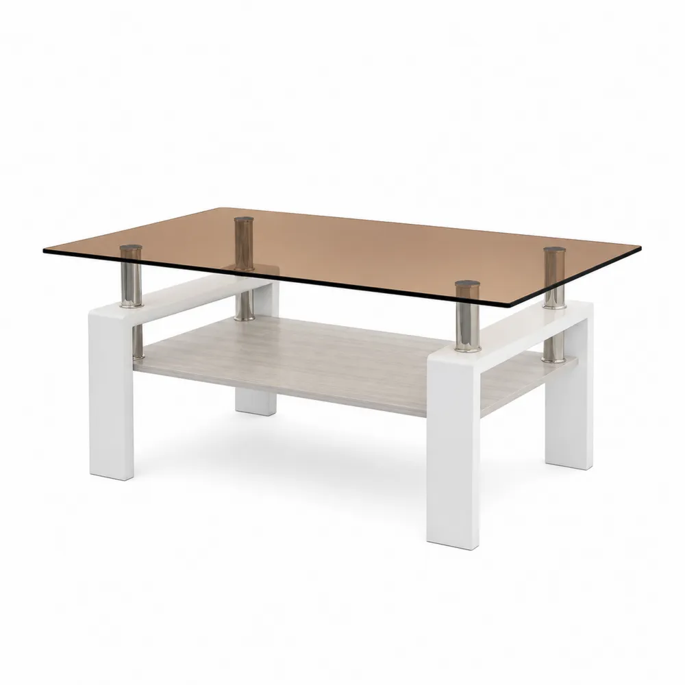 Mesa de centro de vidrio, metal y MDF marrón y blanco 110x60x45 cm