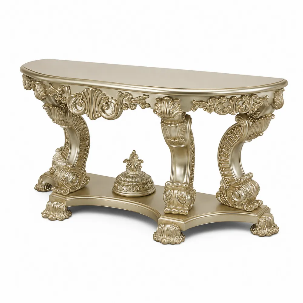 Mesa consola de madera tallada dorada semicircular 150x40x90 cm