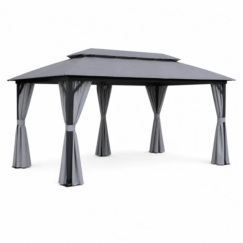 Pérgola de Aluminio Gris con Cortinas 4x3 m