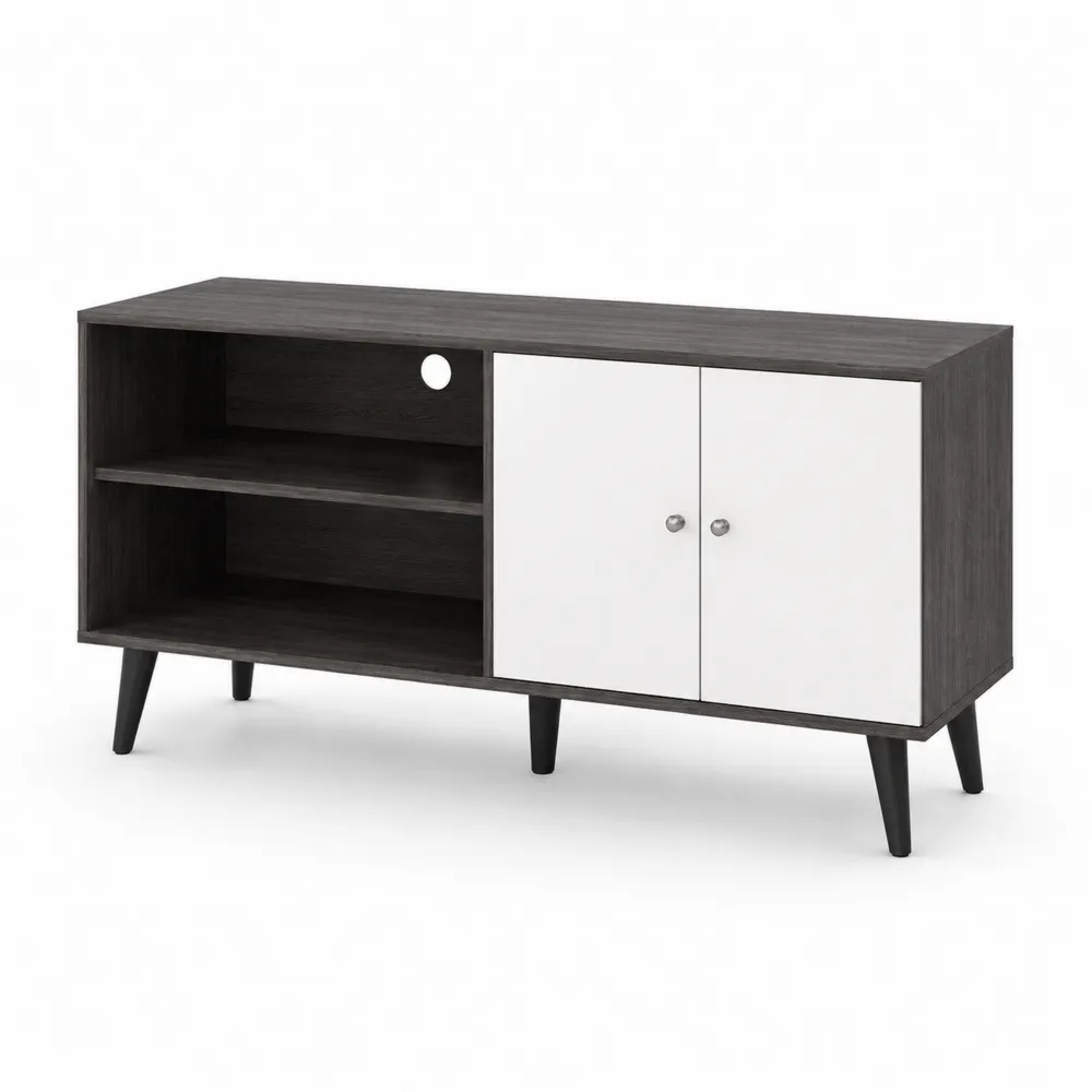 Mueble de TV de Madera con Puertas Dobles en Gris y Blanco