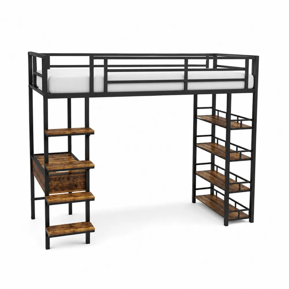 Cama alta de metal y madera con estantes 200x100 cm
