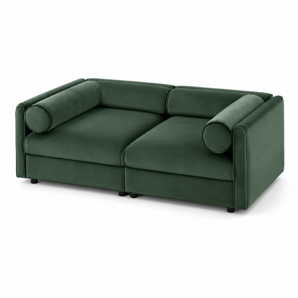 Sofá de terciopelo verde con cojines cilíndricos, 150cm